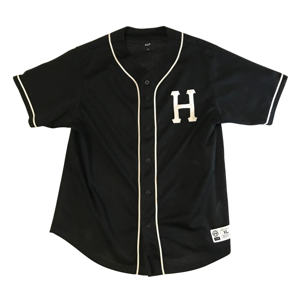 HUF DBC Mens Mesh Baseball Jersey Black White Piping XL Short Sleeve Button Up